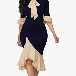 Elegant Navy and Cream Form Fitting Dress 0056